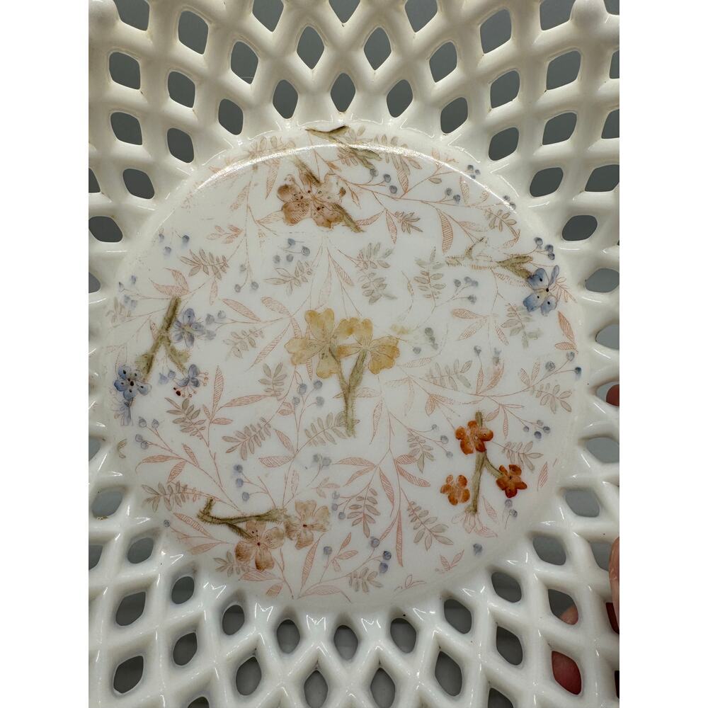 Vtg. Milk Glass Painted Floral Bowl Basket weave Lattice Fruit Compote Open Lace - Picture 5 of 13